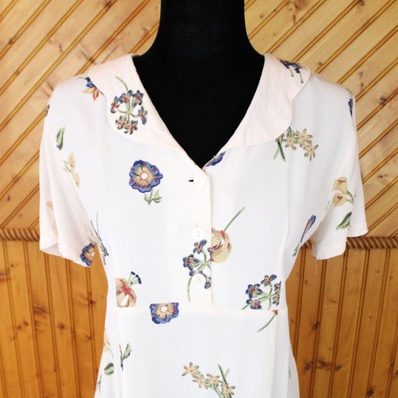MJW Studio Maxi Shirt Dress Beige Floral Size 7/8 Short Sleeve Collared Half D98 - Picture 2 of 8